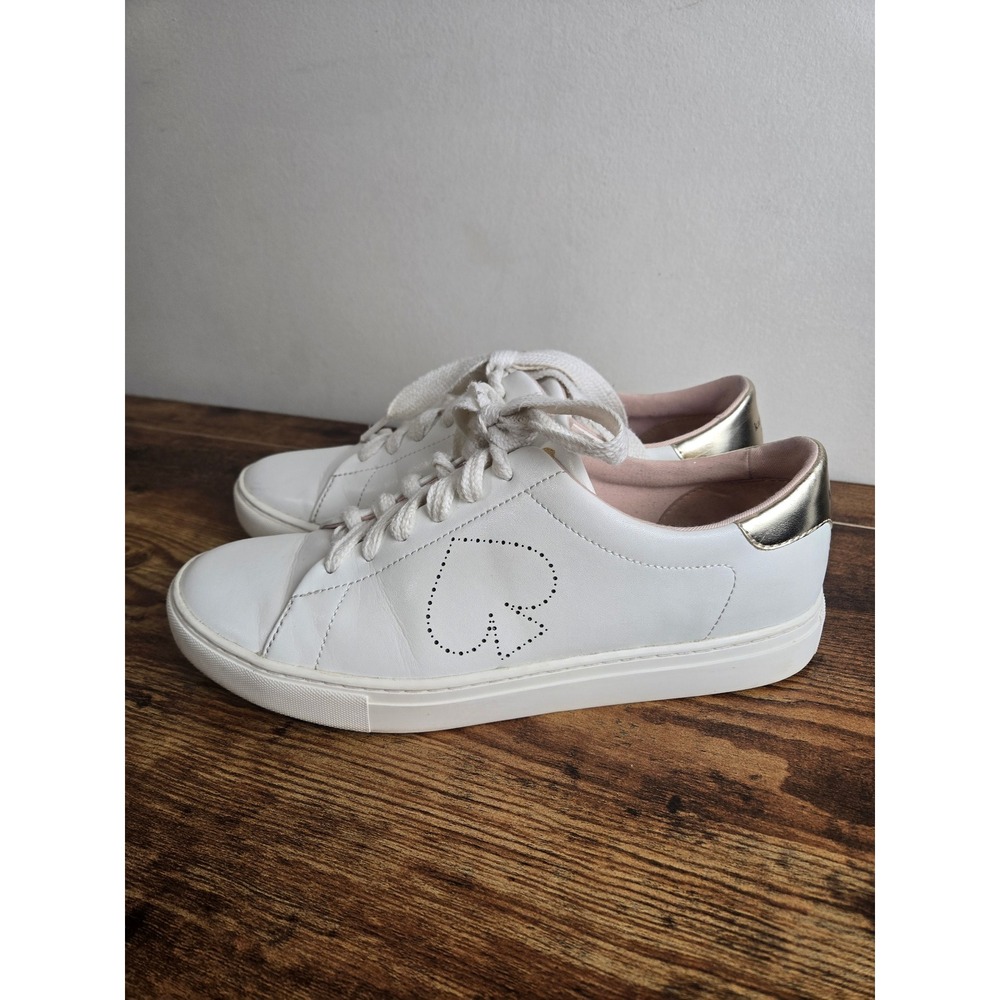 Kate Spade New York White Leather Gold Heel Spade Sneakers T23801315 Size 39 8.5